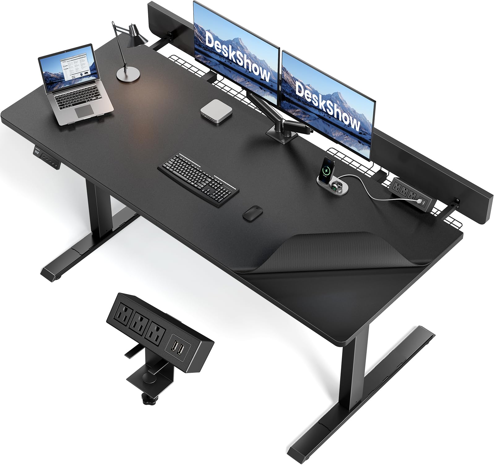 Electric Standing Desk Adjustable - 60 x 30 Inch Sit Stand Desk with Flip-Top Cable Management,Mouse Pad,Clamp Power Strip,Dual-Beam Frame,3 Memory Preset Height Adjustable for Home Office