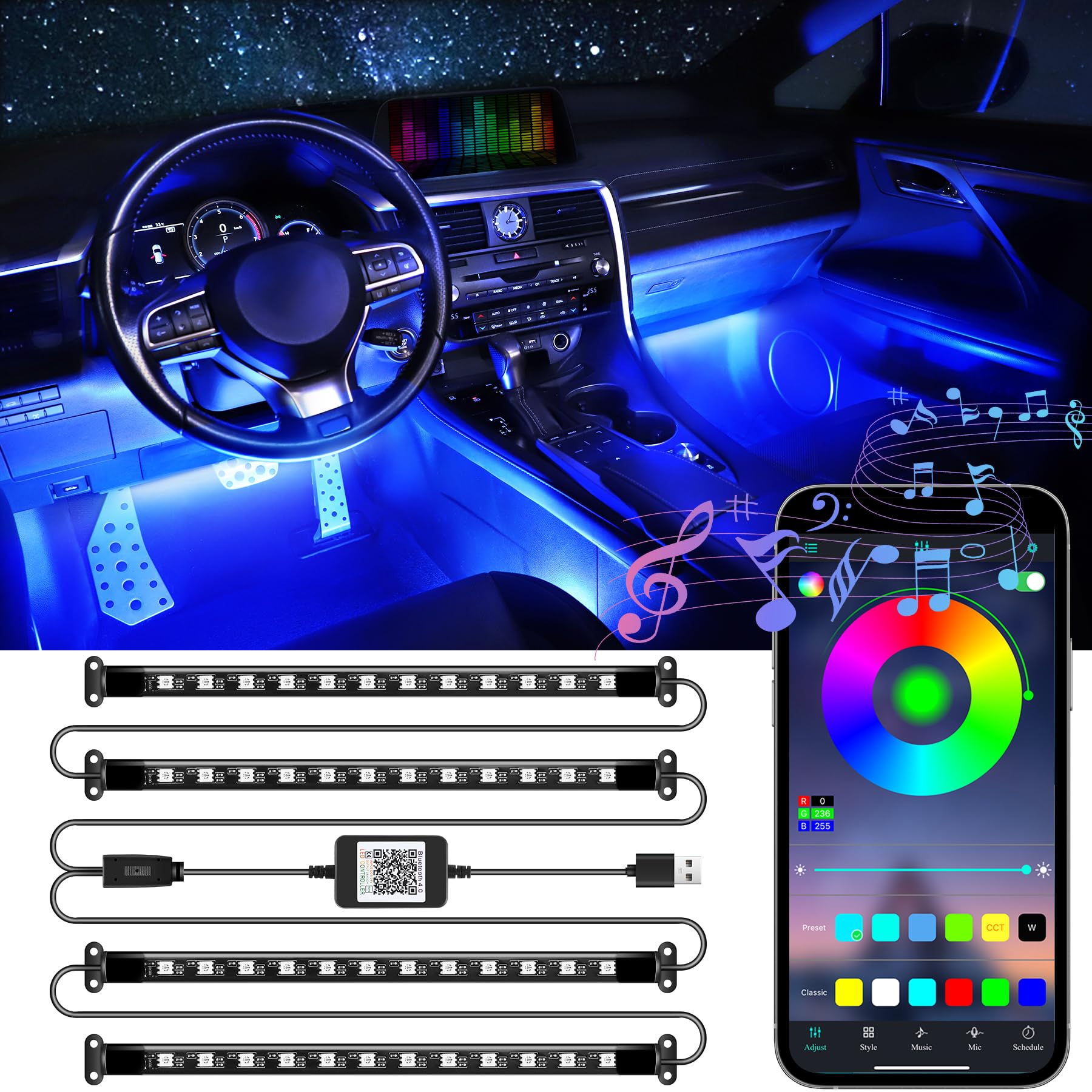 Winzwon Led Lights for Car Accessories Interior, Gifts for Him Her Men Women Teen Boys Girls, APP Control with USB Port Color Change Lights for Truck Decor