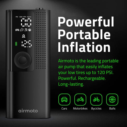 Airmoto Tire Inflator Portable Air Compressor - Air Pump For Car Tires with Digital Pressure Gauge, LED Light and Auto Shut-Off Function - Cordless Pump for Car, Motorcycle, Bicycle, Ball