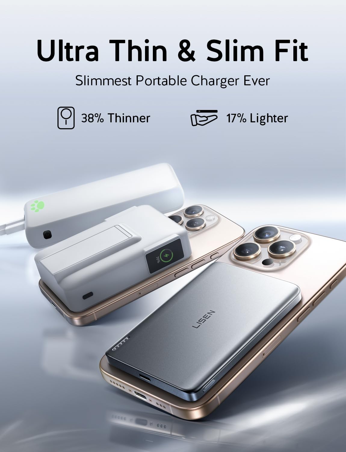 LISEN 0.5‘’ Ultra Slim MagSafe Portable Charger,10000mAh Wireless Card Slim MagSafe Battery Pack iPhone 17 Air Accessories,Magnetic Power Bank for iPhone 17 Pro Max Plus Air/16/15/14/13/12，GlacierGray