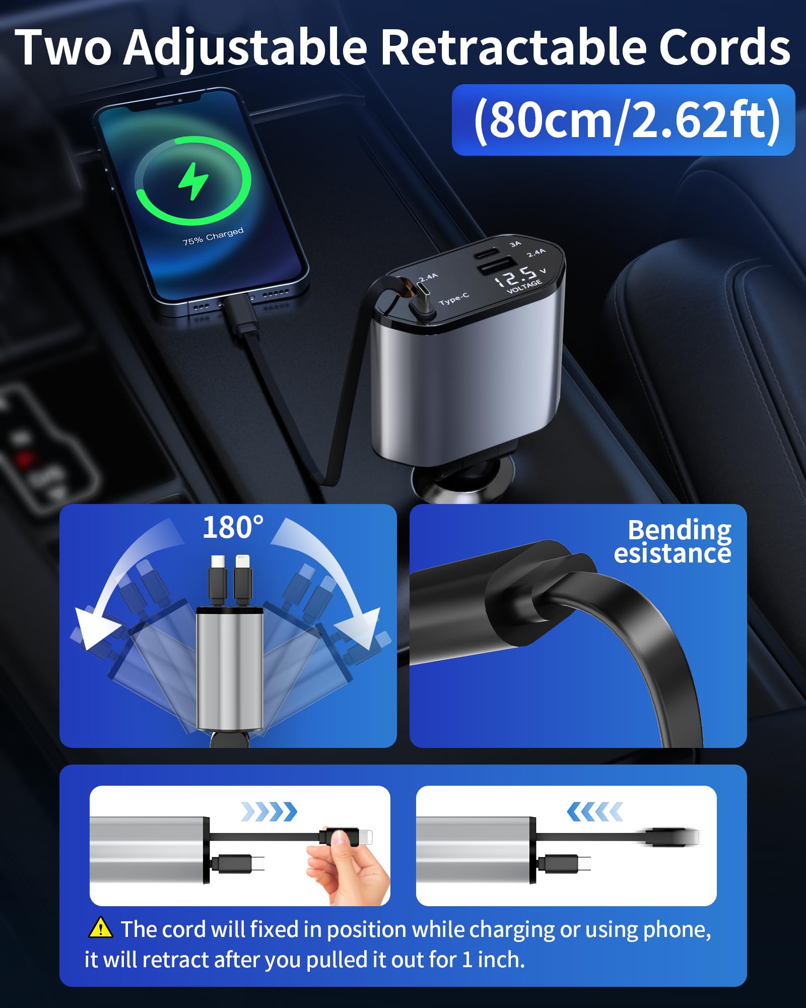 Retractable Car Charger, 4 in 1 Fast Charging Car Charger with USB-C & USB-A, Compatible with iPhone 17/16/15/14/13/12/11,Galaxy,Pixel, Car Accessories for Men Women Drivers
