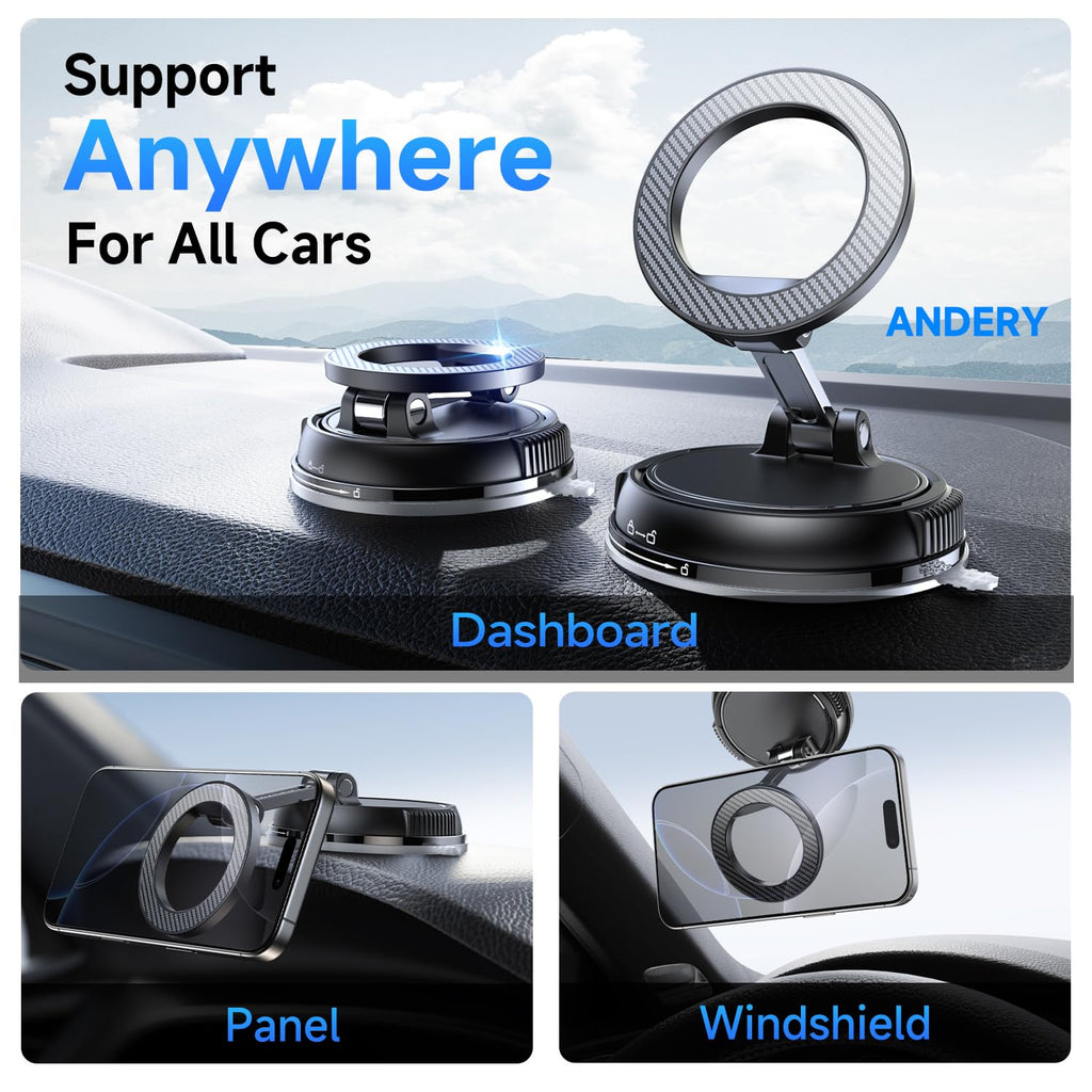ANDERY Car Phone Holder for Magsafe [78+LBS Strongest Suction & 2400gf Magnetic] 360° Adjustable Car Phone Mount, Phone Holders for Your Car for iPhone 17-12 Pro Max Plus Air, Carbon Fiber
