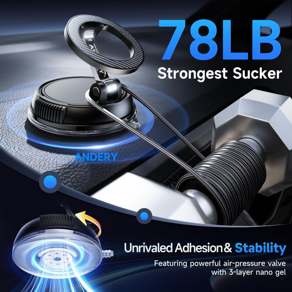 ANDERY Car Phone Holder for Magsafe [78+LBS Strongest Suction & 2400gf Magnetic] 360° Adjustable Car Phone Mount, Phone Holders for Your Car for iPhone 17-12 Pro Max Plus Air, Carbon Fiber