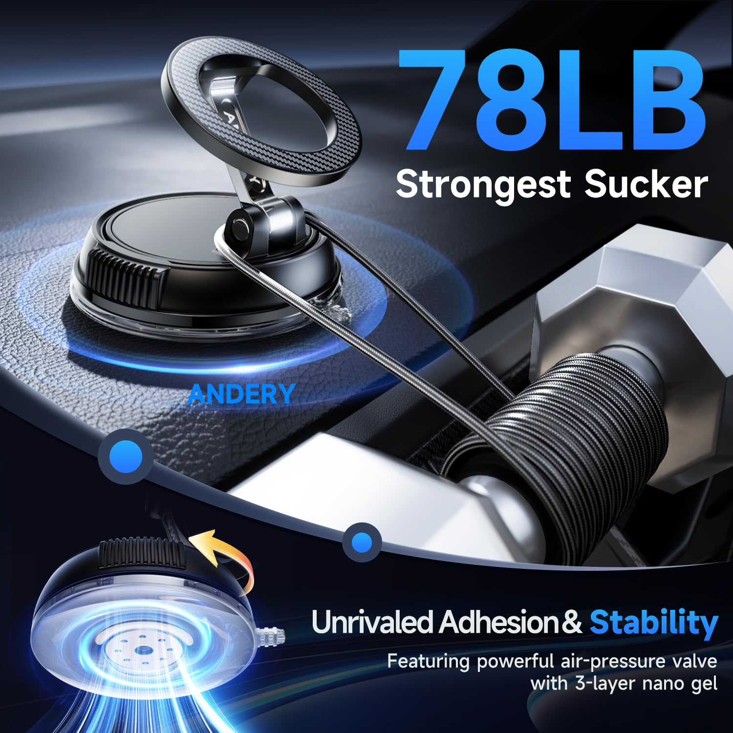 ANDERY Car Phone Holder for Magsafe [78+LBS Strongest Suction & 2400gf Magnetic] 360° Adjustable Car Phone Mount, Phone Holders for Your Car for iPhone 17-12 Pro Max Plus Air, Carbon Fiber