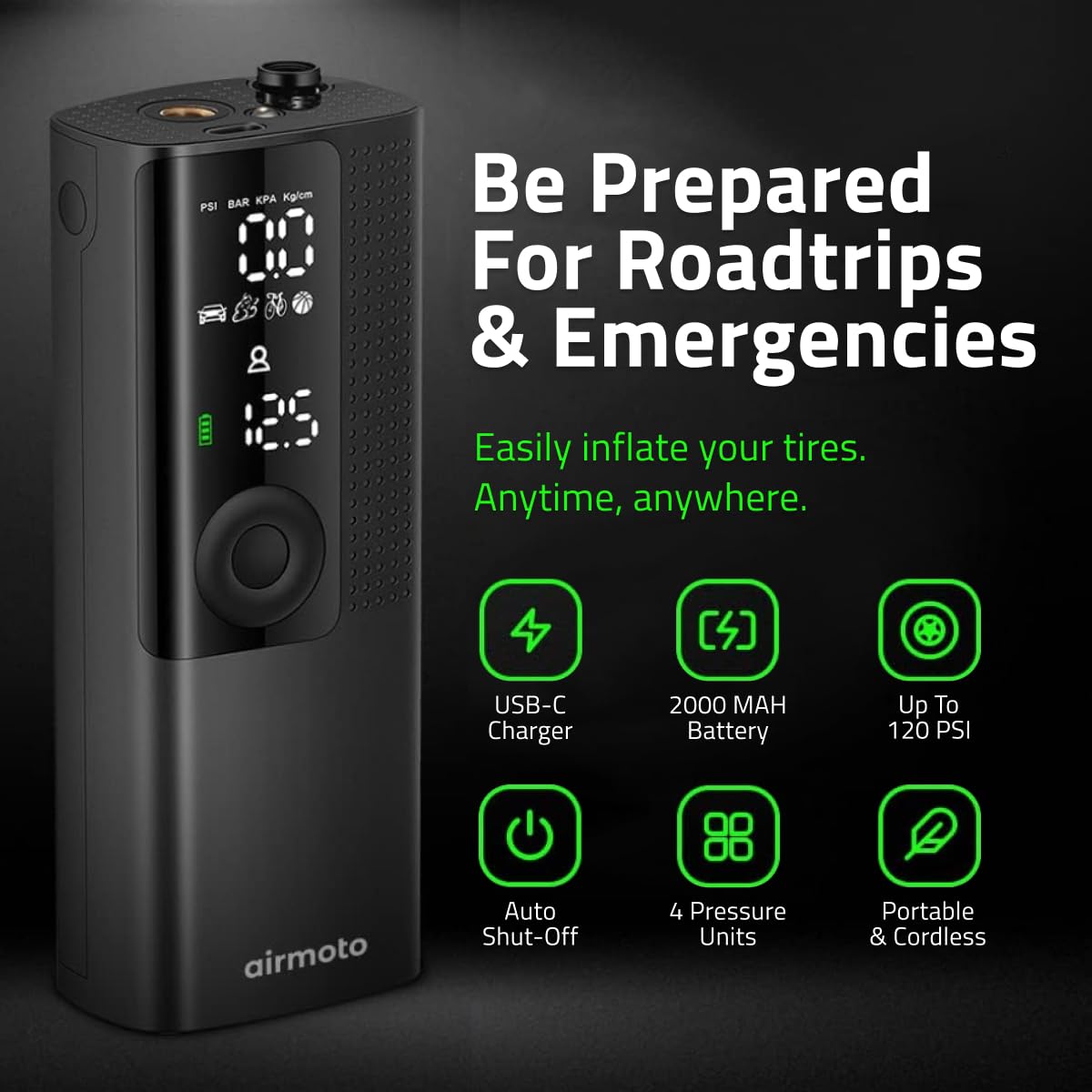 Airmoto Tire Inflator Portable Air Compressor - Air Pump For Car Tires with Digital Pressure Gauge, LED Light and Auto Shut-Off Function - Cordless Pump for Car, Motorcycle, Bicycle, Ball