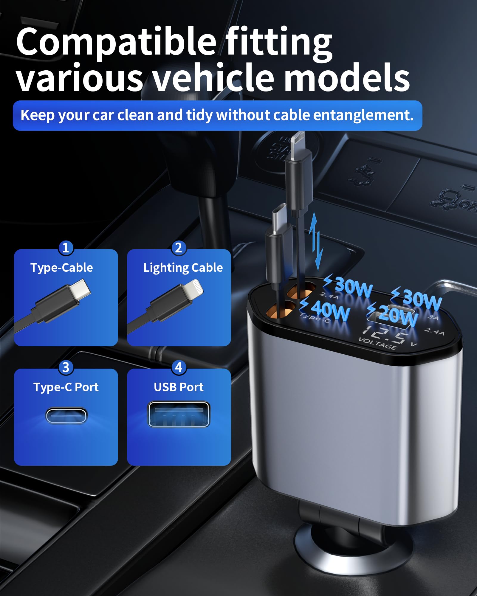 Retractable Car Charger, 4 in 1 Fast Charging Car Charger with USB-C & USB-A, Compatible with iPhone 17/16/15/14/13/12/11,Galaxy,Pixel, Car Accessories for Men Women Drivers