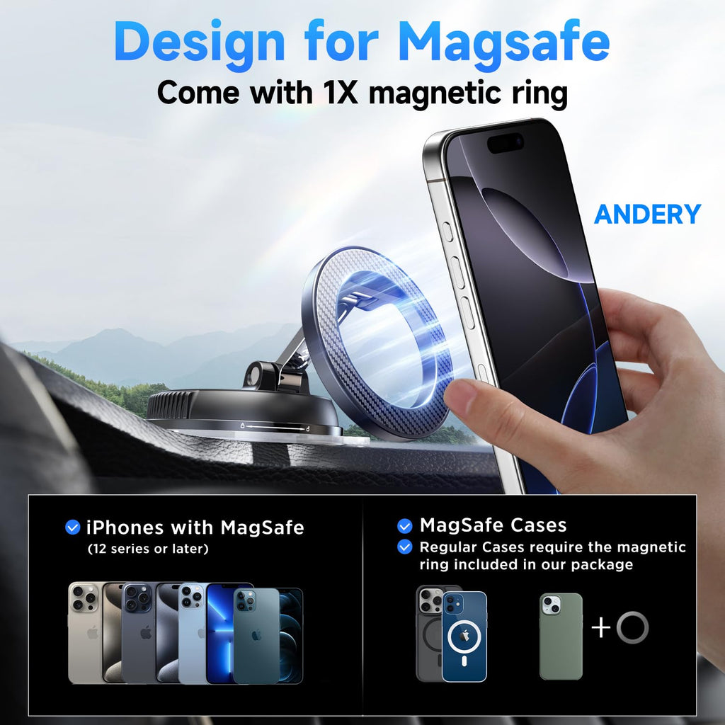 ANDERY Car Phone Holder for Magsafe [78+LBS Strongest Suction & 2400gf Magnetic] 360° Adjustable Car Phone Mount, Phone Holders for Your Car for iPhone 17-12 Pro Max Plus Air, Carbon Fiber